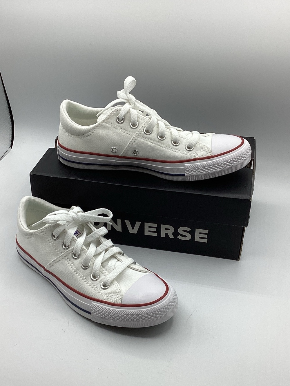 Converse White Canvas Low-Top Sneakers with Red and Blue Stripe